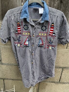 Vintage Bobbie Brooks Nautical Gingham Shirt Embroidered Lighthouse Sailboat